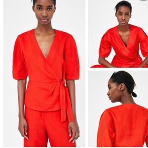Zara Vibrant Red Wrap Linen Blouse